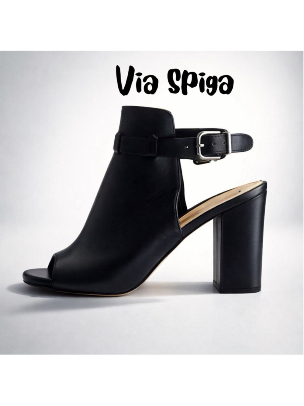 VIA SPIGA High Heel Shoes Womens Size 8.5M Black Leather Open Toe Mules Sandal